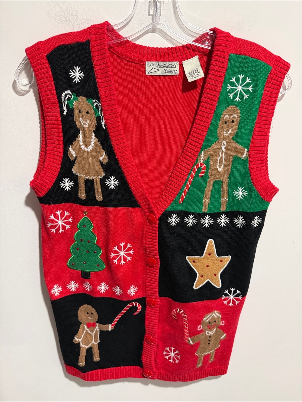 Vintage 100% Cotton Red & Green Gingerbread Holiday Sweater Vest Size Small